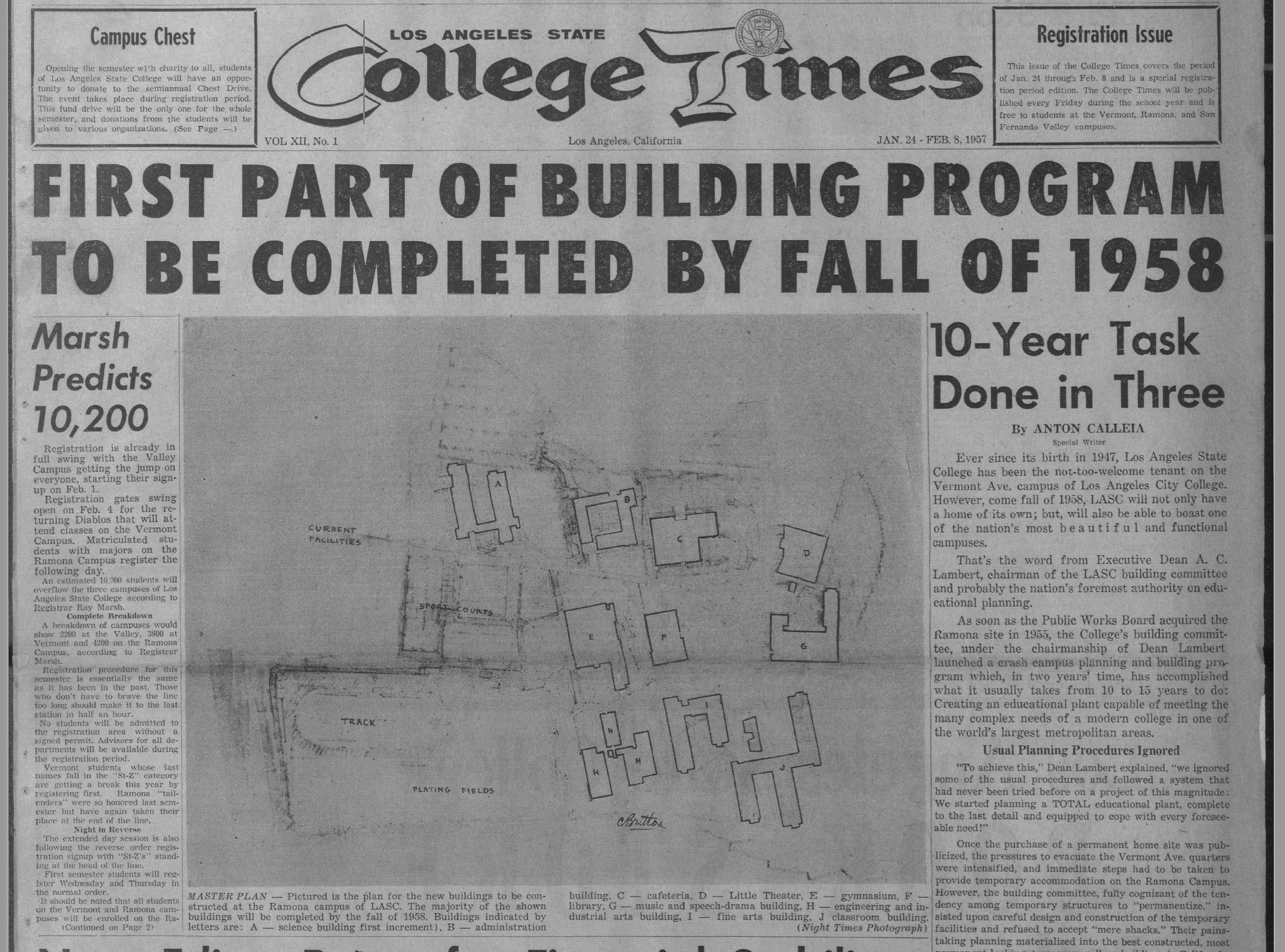 The front page of a College Times newspaper with the headline "First part of buidling program to be completed by Fall of 1958."