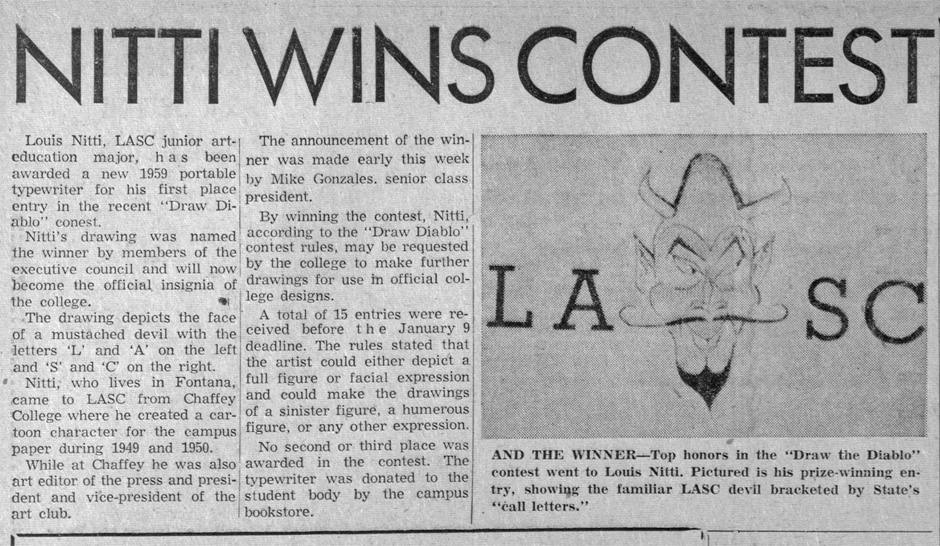 A newspaper clipping showing student, Louis Nitti's, winning submission of a diablo. 
