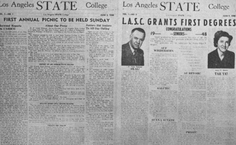 A LASC newspaper with the headline "LASC Grants First Degrees."