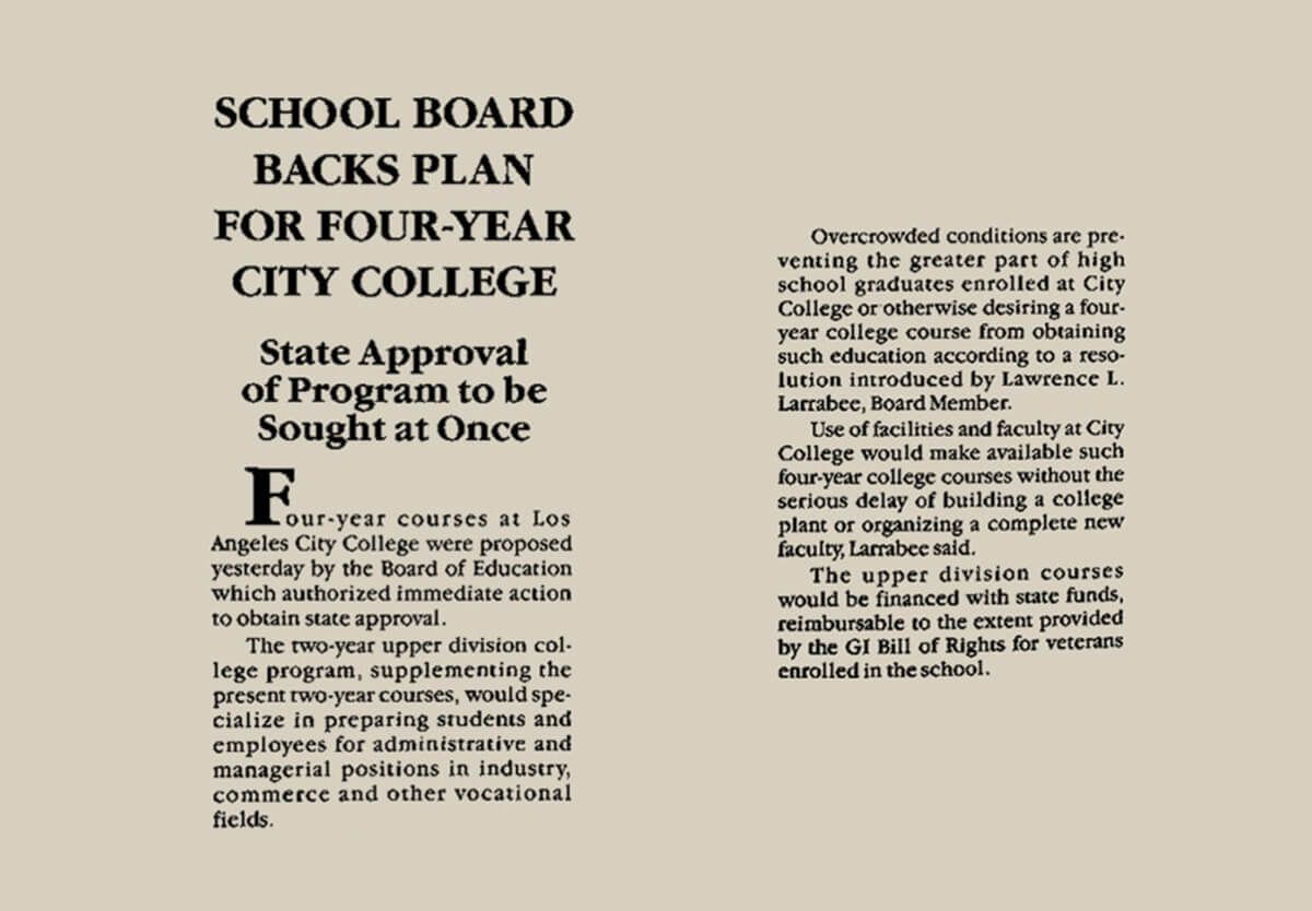 A news clipping from the L.A. Times about the approval of a four-year city college in Los Angeles.