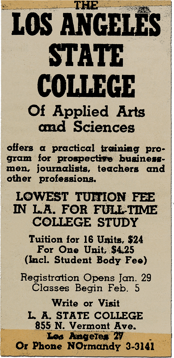 An advertisement promoting registering for classes at Los Angeles State College of Applied Arts and Sciences.