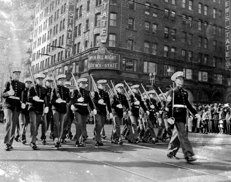 U.S. Marine Corp marches in Armistice Day parade in Los Angeles in 1947.