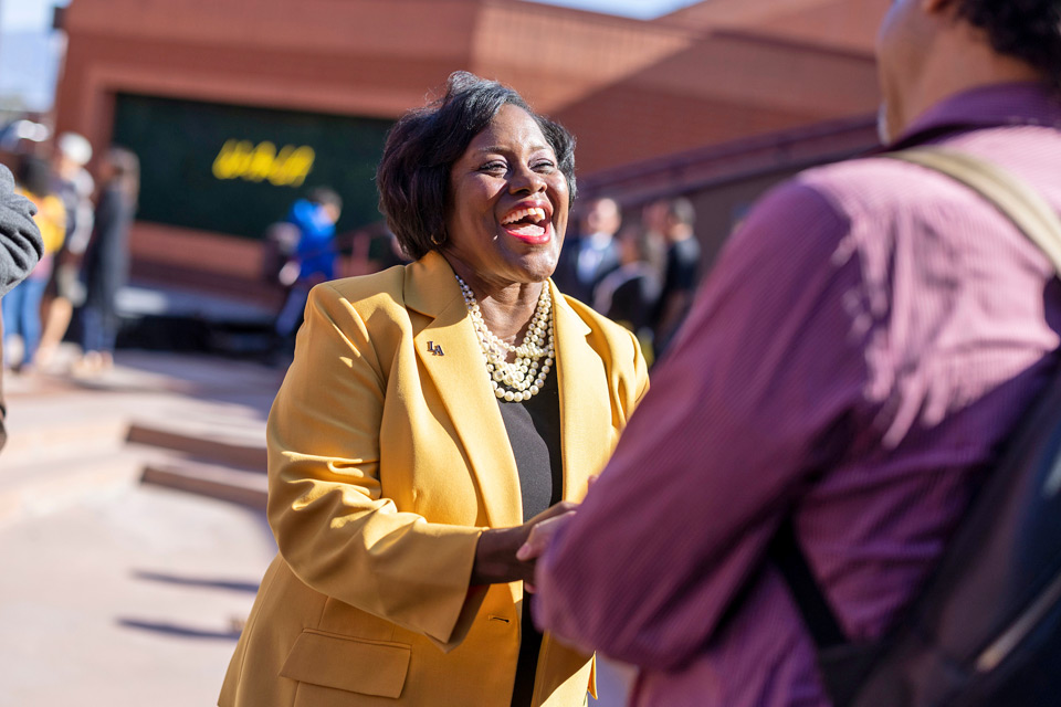 President Eanes meets with the campus community during her first visit to the Cal State LA campus.