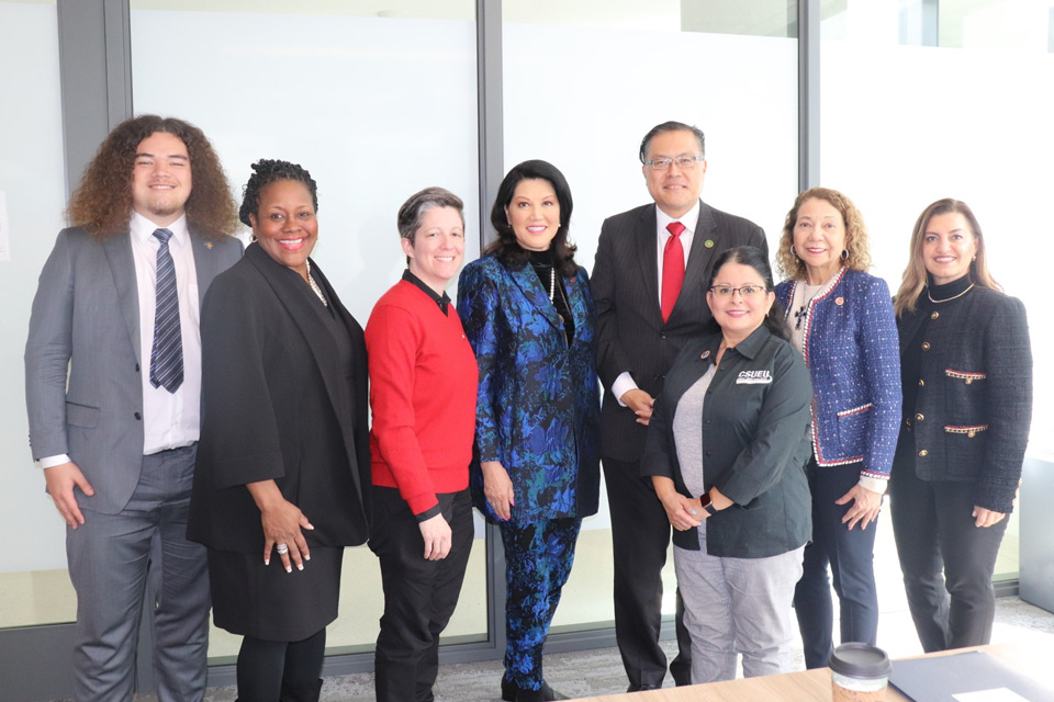 A large group photo with President Eanes, Wenda Fong, Chair, CSU Board of Trustees, assemblymember Mike Fong, and CSU Chancellor Mildred Garcia.