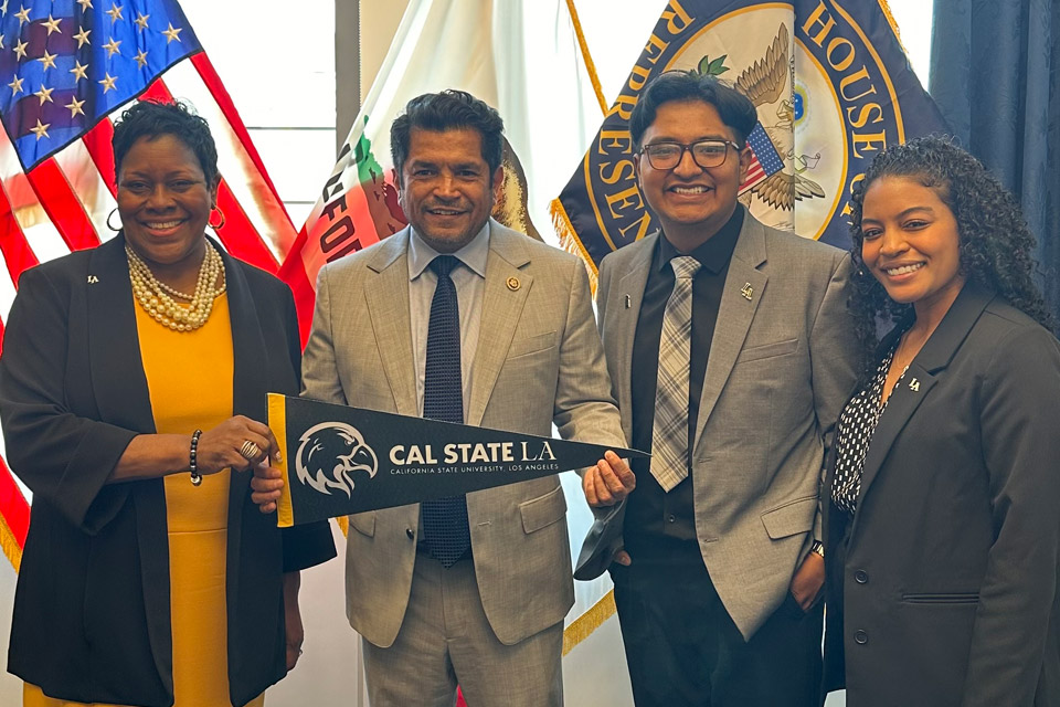 President Eanes and the Cal State LA team with Representative Jimmy Gomez.